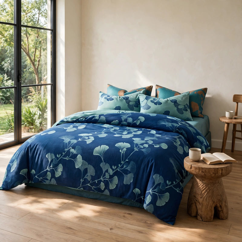 Ownkoti Vintage Ginkgo Leaf Cotton Bedding Set - Blue - Queen - image 0