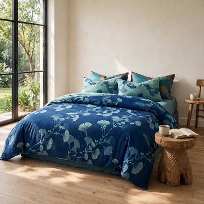 Ownkoti Vintage Ginkgo Leaf Cotton Bedding Set - Blue - King - image 0