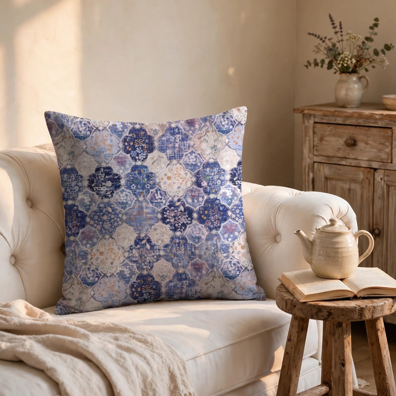 Ownkoti Retro Moroccan Tile Floral Square Pillow Cover - image 1