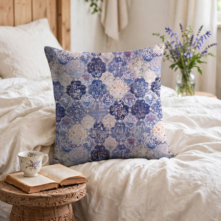 Ownkoti Retro Moroccan Tile Floral Square Pillow Cover - Blue & Purple - Pillow Cover with Insert - image 0
