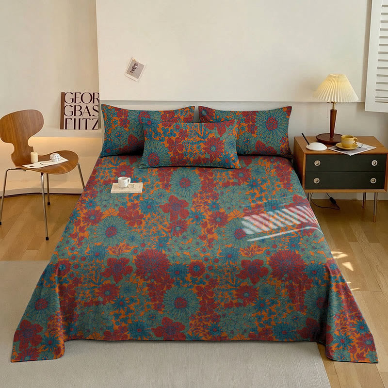 Ownkoti Retro Floral Cotton Gauze Bedding Set - Green - Bedspread with 2PCS Pillowcases - King - image 1