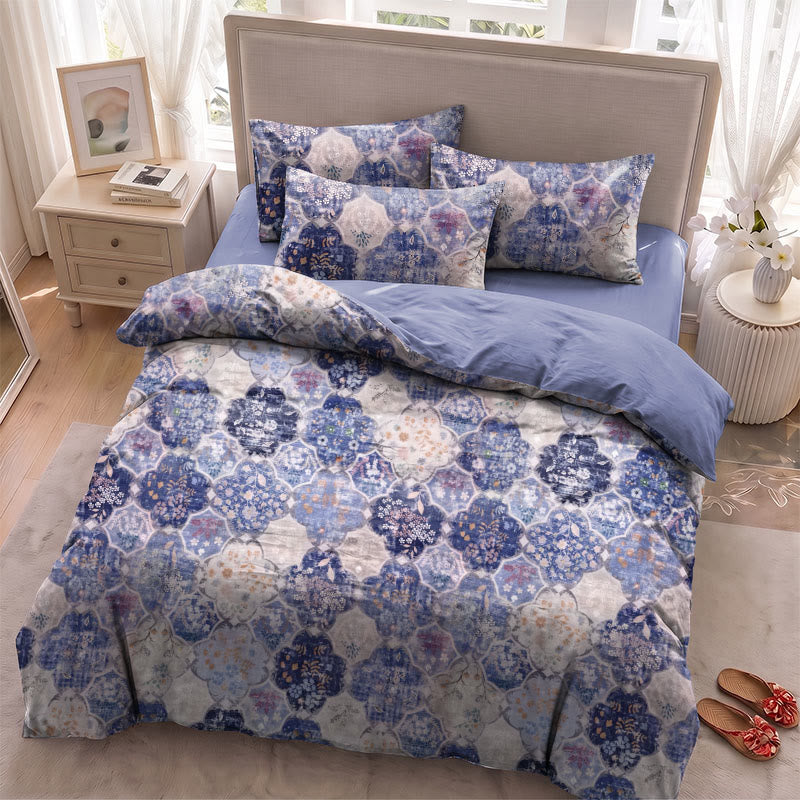 Ownkoti Blue Mosaic Floral Cotton Gauze Bedding Set - image 3