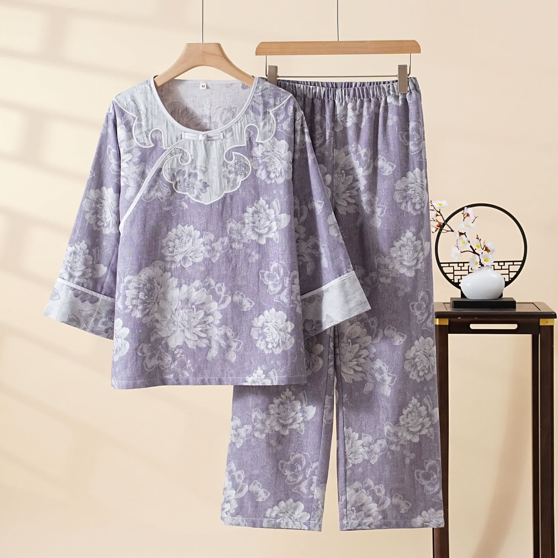 Ownkoti Vintage Peony Cotton Gauze Jacquard Loungewear Set - Purple - XXL - image 0