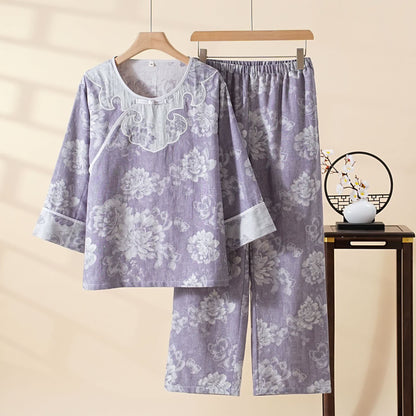 Ownkoti Vintage Peony Cotton Gauze Jacquard Loungewear Set - Purple - XXL - image 0