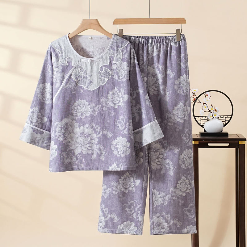 Ownkoti Vintage Peony Cotton Gauze Jacquard Loungewear Set - Purple - XXL - image 0