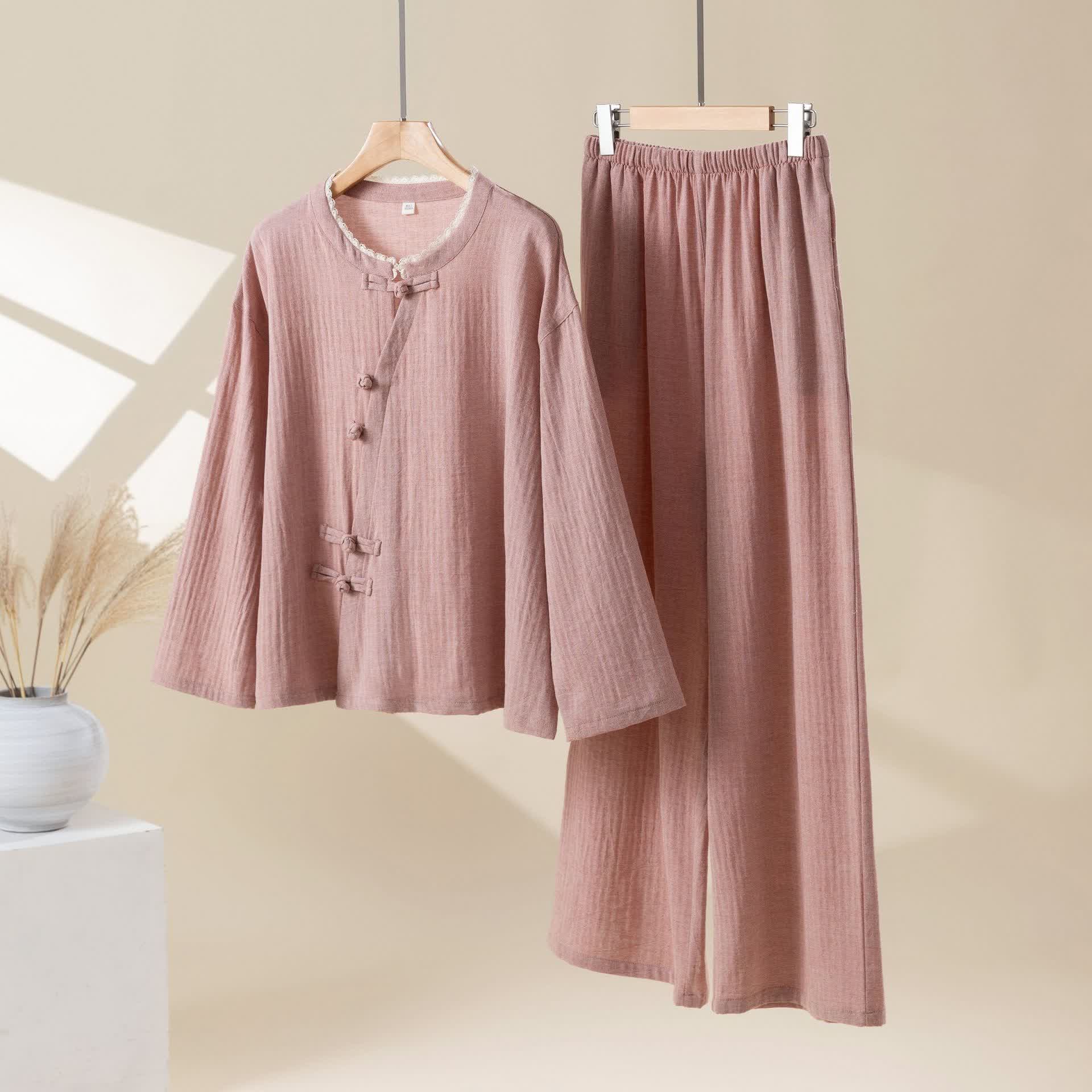 Ownkoti Solid Color Frog Button Cotton Loungewear Set - Pink - XL - image 0