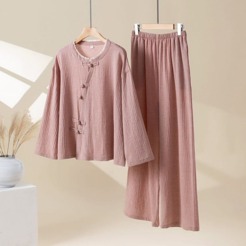 Ownkoti Solid Color Frog Button Cotton Loungewear Set - Pink - XL - image 0
