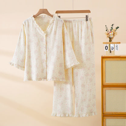 Ownkoti Refresh Floral Cotton Gauze Ruffle Loungewear Set - Beige - XL - image 0