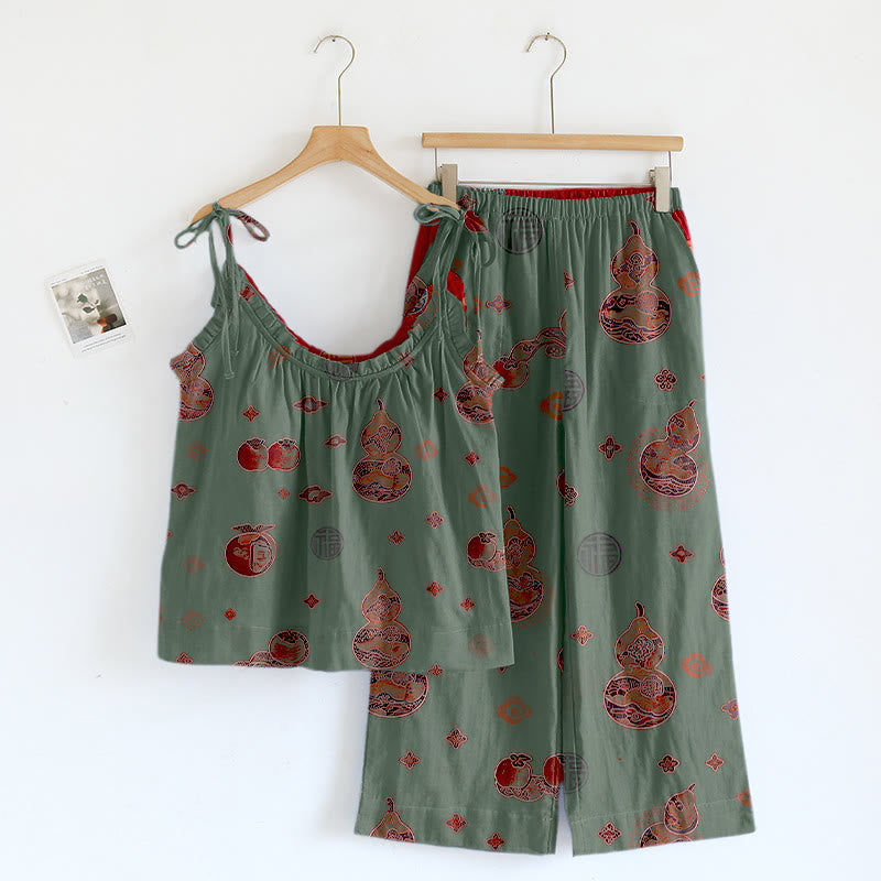 Ownkoti Lucky Gourd Print Cotton Pajama Set - Green - XL - image 3