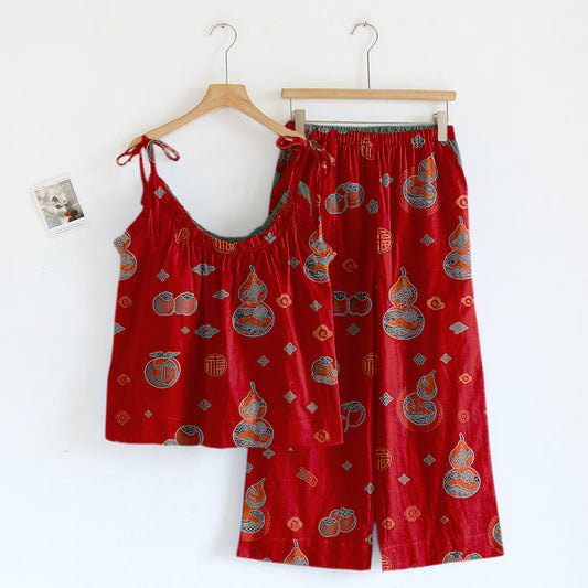 Ownkoti Lucky Gourd Print Cotton Pajama Set - Red - XL - image 0