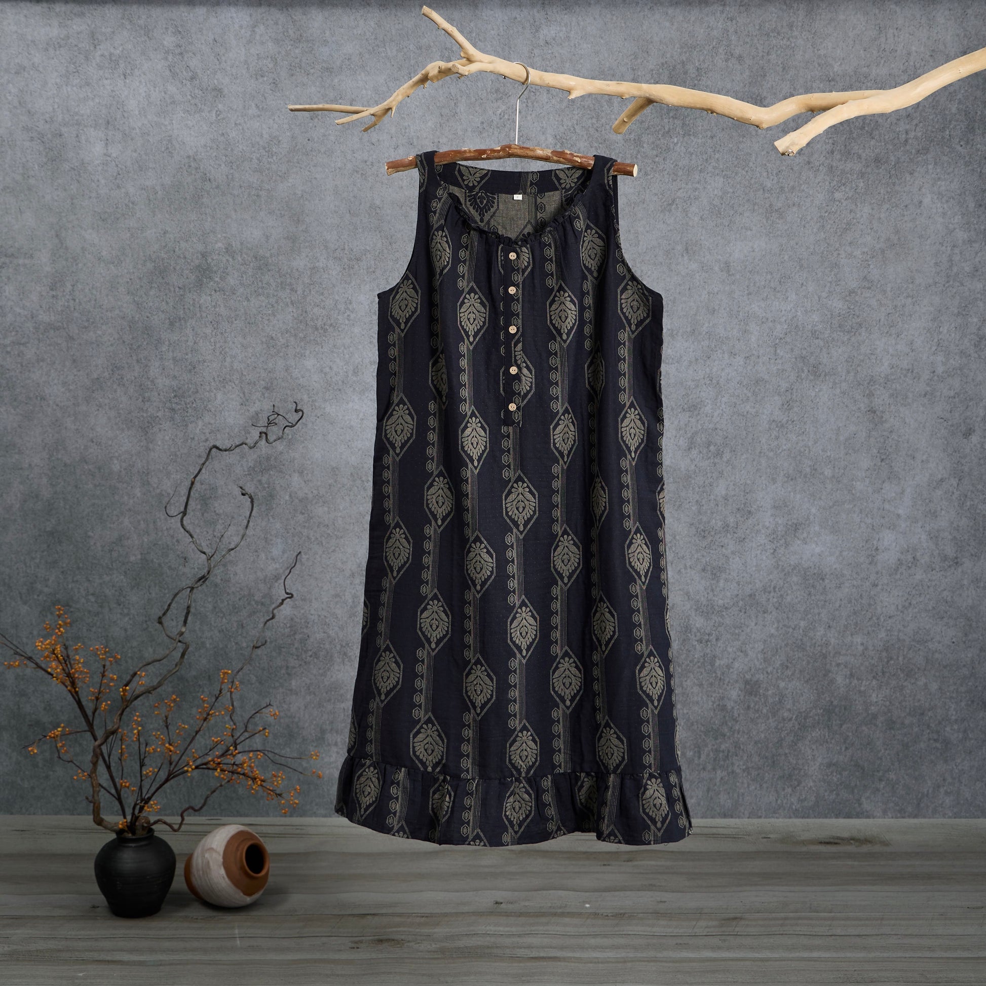 Ownkoti Vintage Navy Blue Geometric Cotton Nightdress - Navy Blue - L - image 0