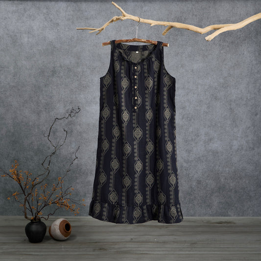 Ownkoti Vintage Navy Blue Geometric Cotton Nightdress - Navy Blue - L - image 0