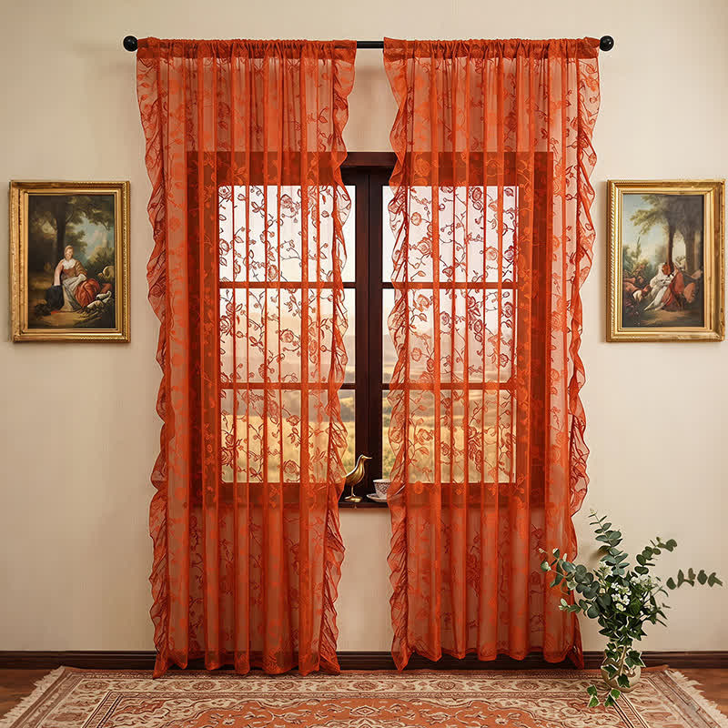 Ownkoti Cottagecore Floral Lace Sheer Window Drape - Orange - 55"W x 96"L - image 0
