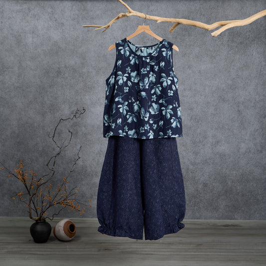 Ownkoti Retro Navy Blue Floral Cotton Tank Loungewear Set - Navy Blue - XL - image 0
