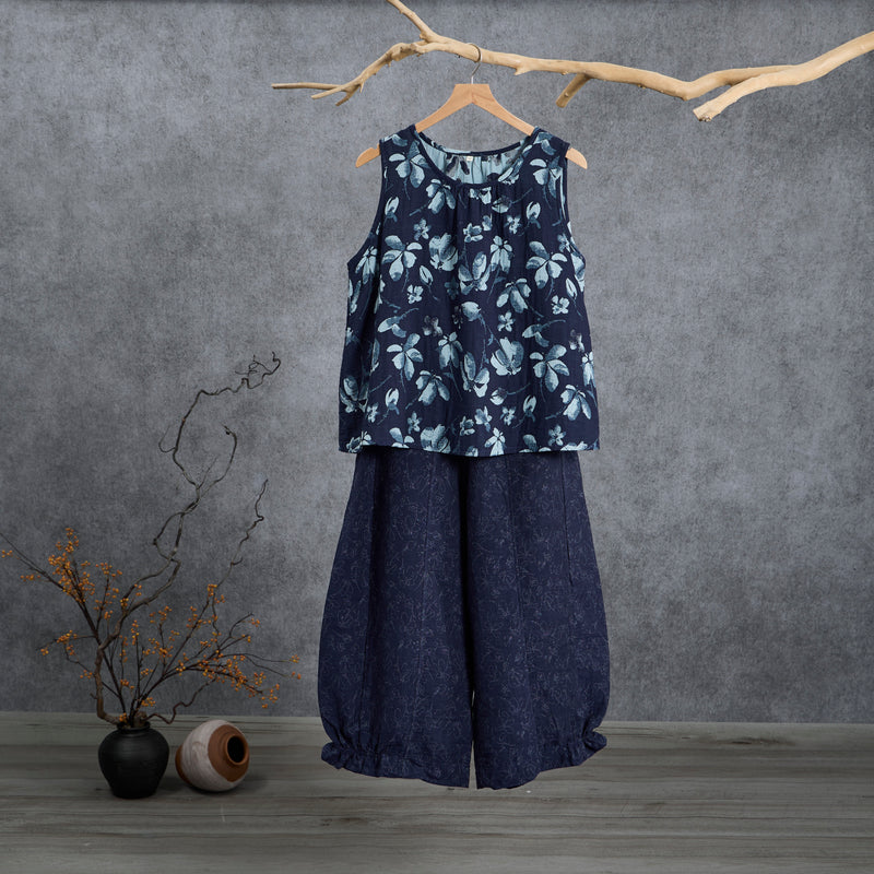 Ownkoti Retro Navy Blue Floral Cotton Tank Loungewear Set - Navy Blue - XL - image 0