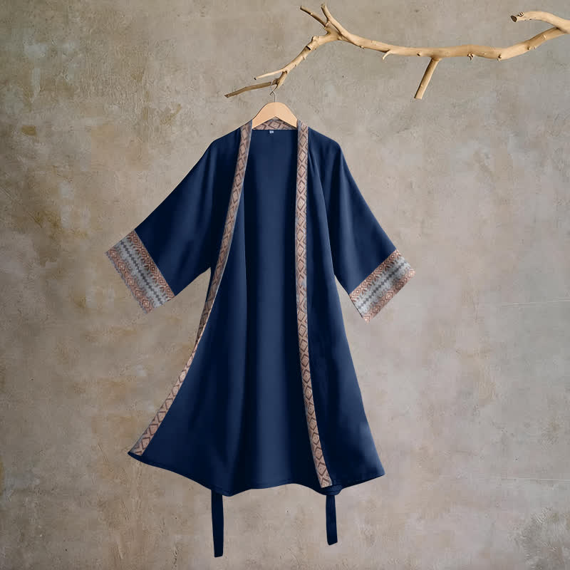 Ownkoti Retro Geometric Border Cotton Lounge Robe - Blue - XL - image 0
