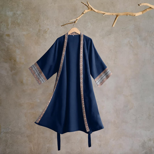 Ownkoti Retro Geometric Border Cotton Lounge Robe - Blue - XL - image 0