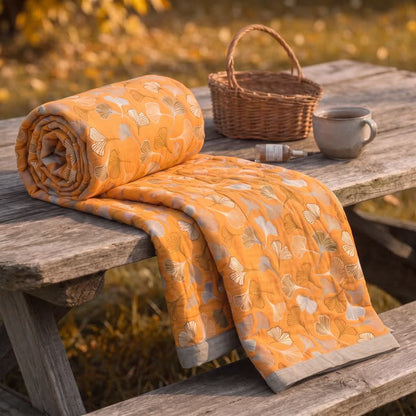 Ownkoti Golden Ginkgo Reversible Cotton Blanket - Orange - 90" x 92" - image 0