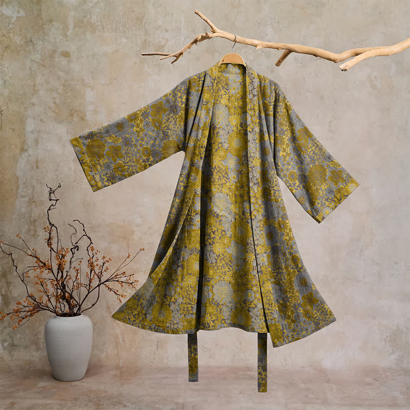 Ownkoti Retro Muted Floral Cotton Lounge Robe - Light gray - 2XL - image 0