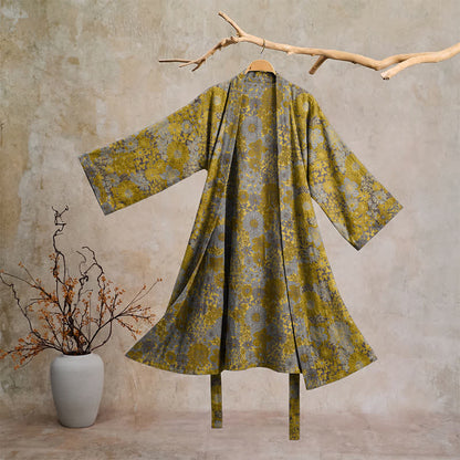 Ownkoti Retro Muted Floral Cotton Lounge Robe - Yellow - 2XL - image 5