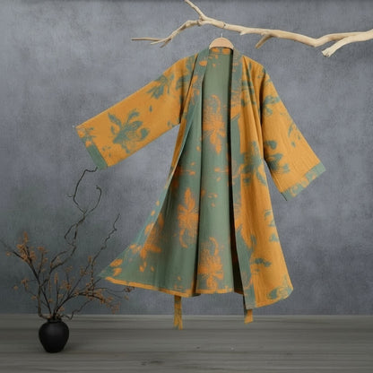 Ownkoti Reversible Vintage Floral Cotton Kimono Robe - Orange - 2XL - image 4