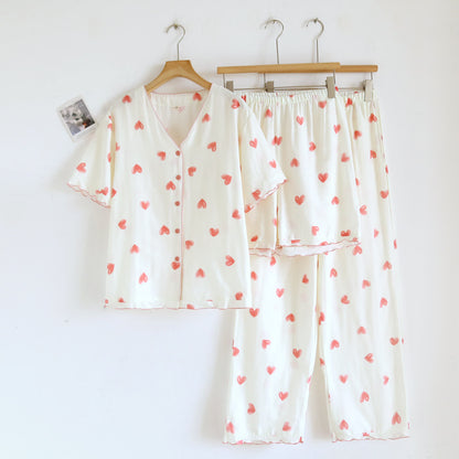 Ownkoti Heart Print Cotton Gauze Loungewear Set（3pcs） - pink&white - XL - image 0