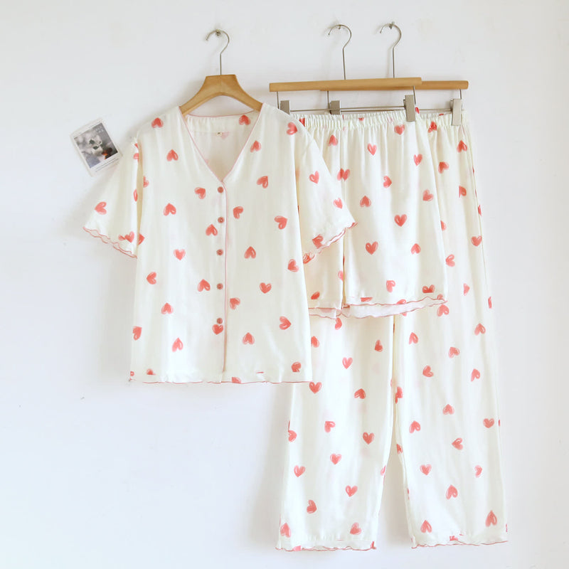 Ownkoti Heart Print Cotton Gauze Loungewear Set（3pcs） - pink&white - XL - image 0