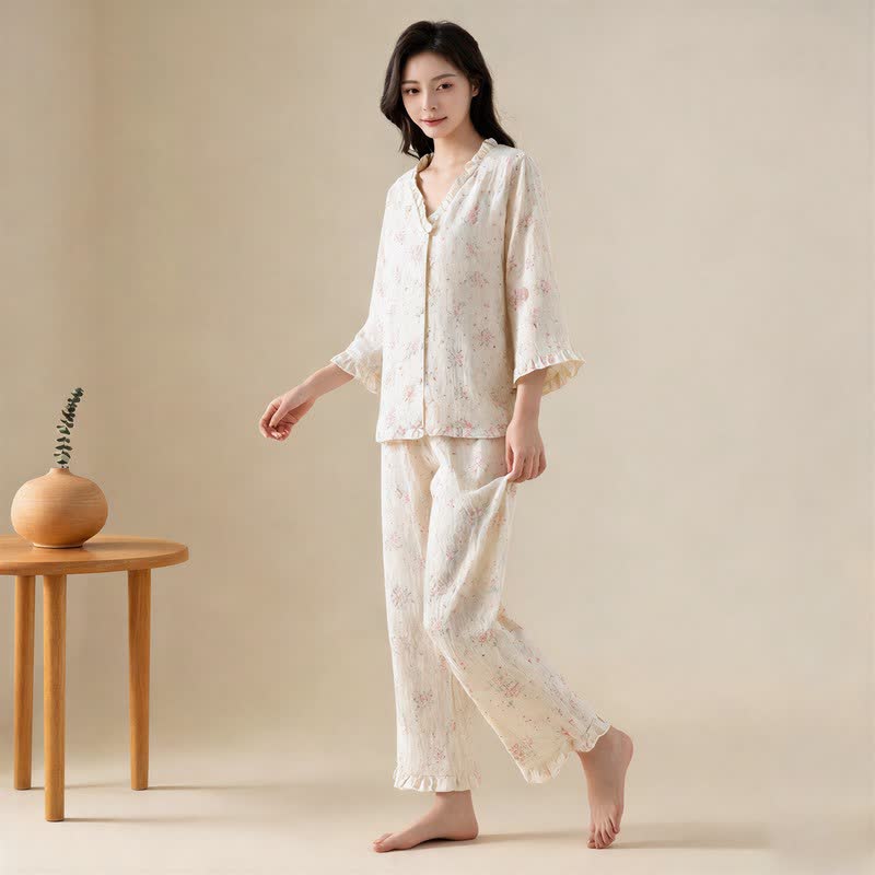 Ownkoti Refresh Floral Cotton Gauze Ruffle Loungewear Set - image 1