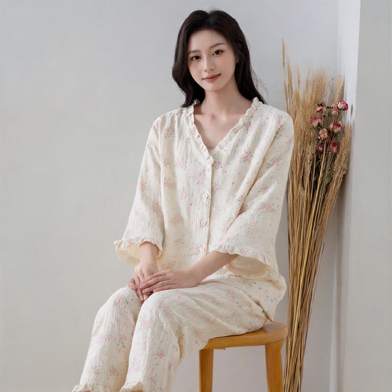 Ownkoti Refresh Floral Cotton Gauze Ruffle Loungewear Set - image 2