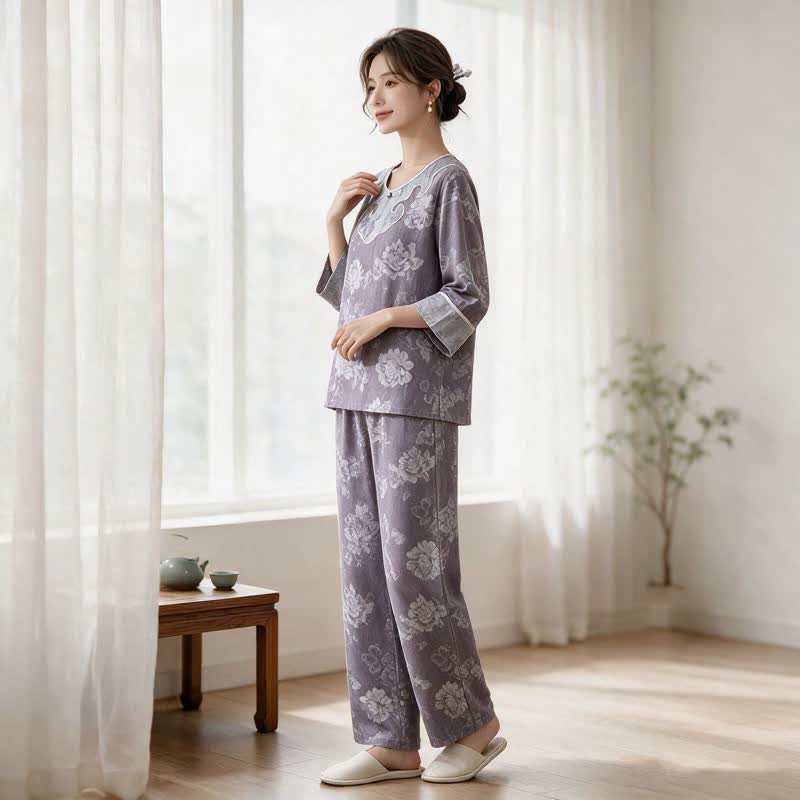 Ownkoti Vintage Peony Cotton Gauze Jacquard Loungewear Set - image 3