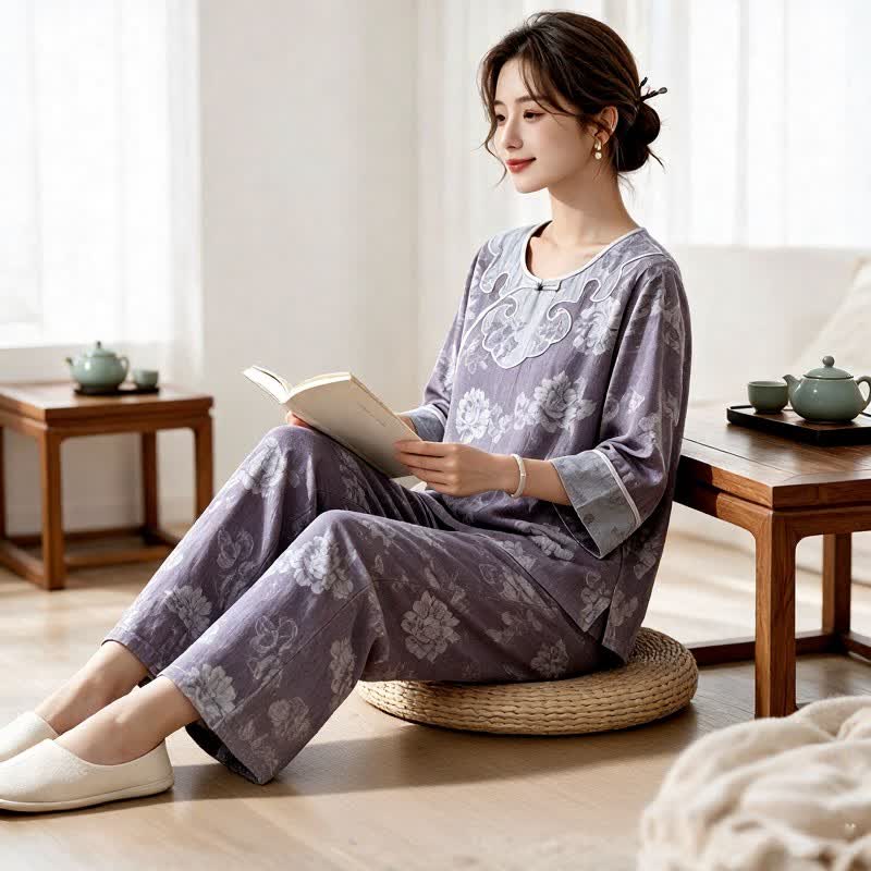 Ownkoti Vintage Peony Cotton Gauze Jacquard Loungewear Set - image 2