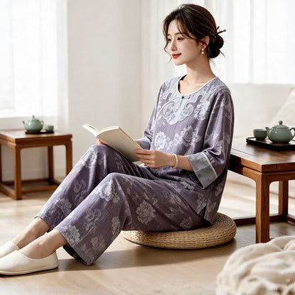 Ownkoti Vintage Peony Cotton Gauze Jacquard Loungewear Set - image 2
