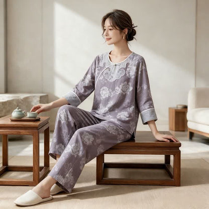 Ownkoti Vintage Peony Cotton Gauze Jacquard Loungewear Set - image 1