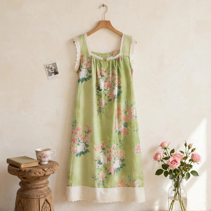 Ownkoti Cat Floral Print Sleeveless Nightgown - LightGreen - XL - image 0