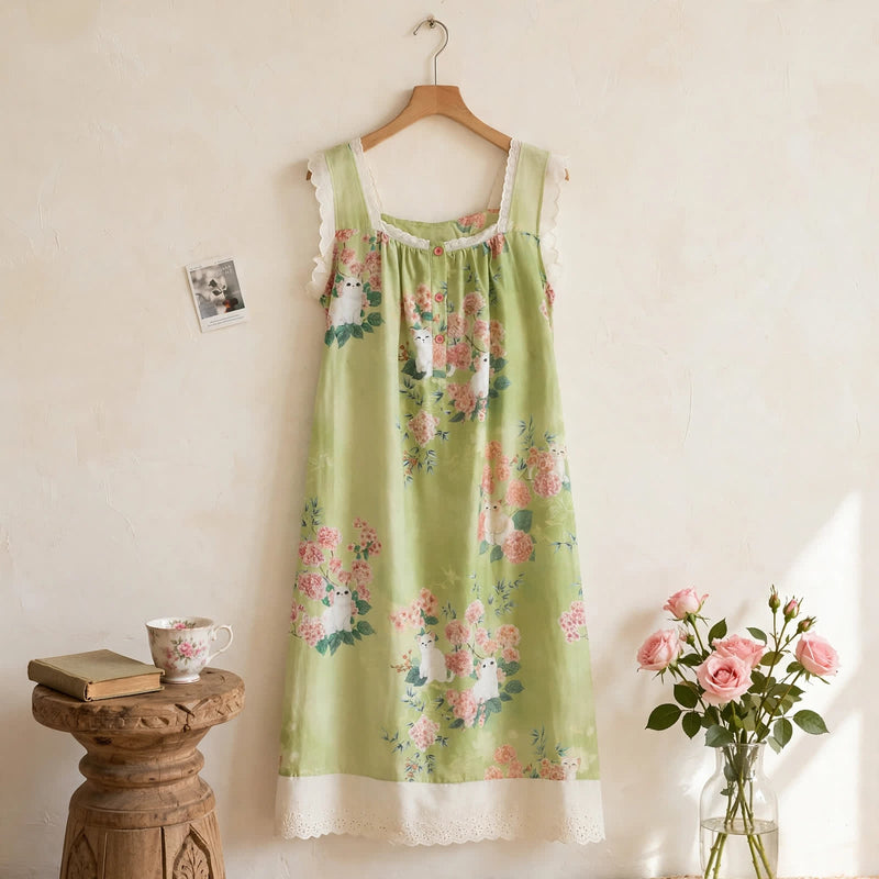 Ownkoti Cat Floral Print Sleeveless Nightgown - LightGreen - XL - image 0