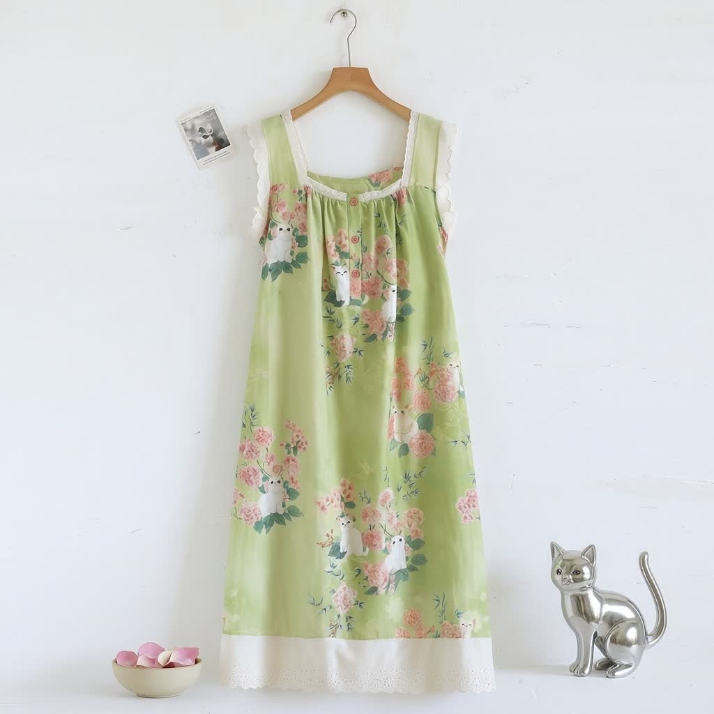 Ownkoti Cat Floral Print Sleeveless Nightgown - image 1