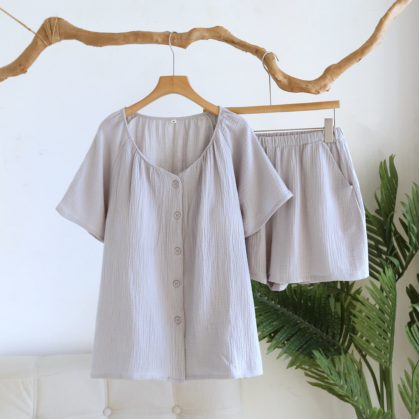 Ownkoti Breezy Cotton Gauze V-Neck Lounge Set - Gray - XL - image 1