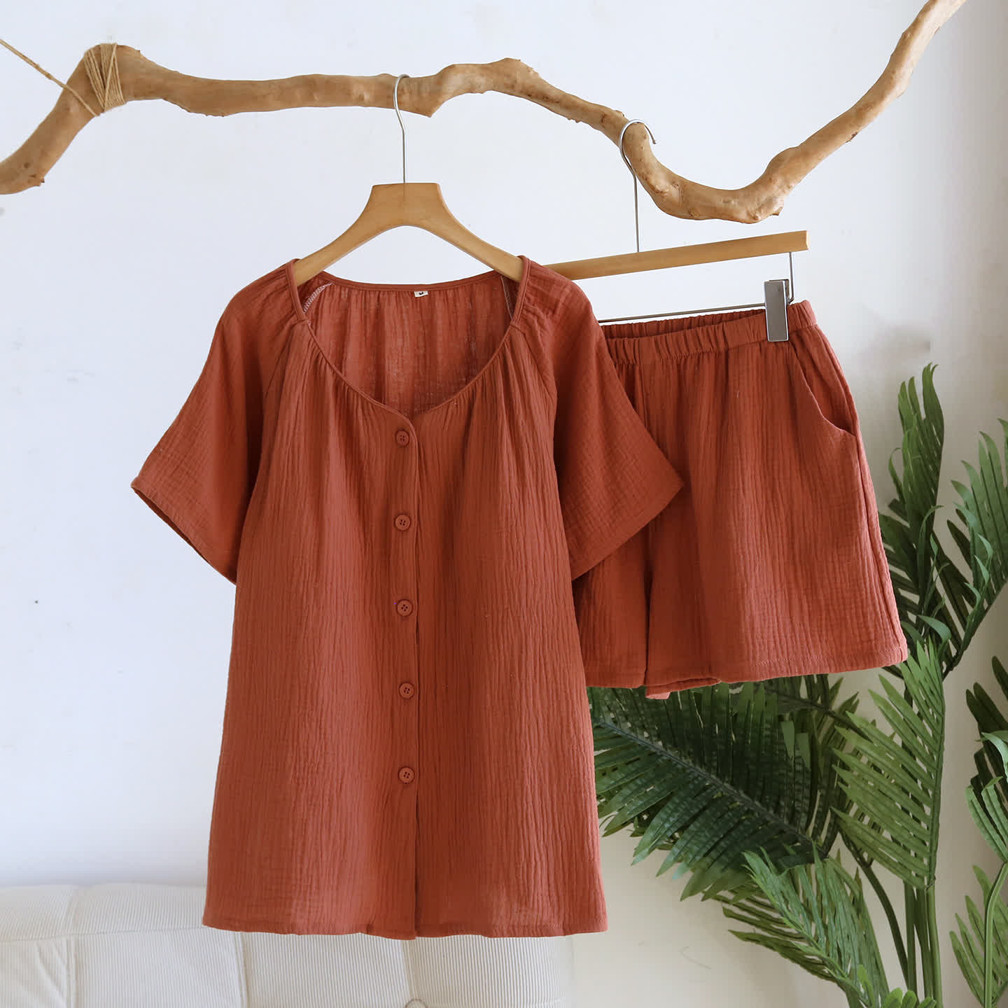 Ownkoti Breezy Cotton Gauze V-Neck Lounge Set - Caramel - XL - image 13