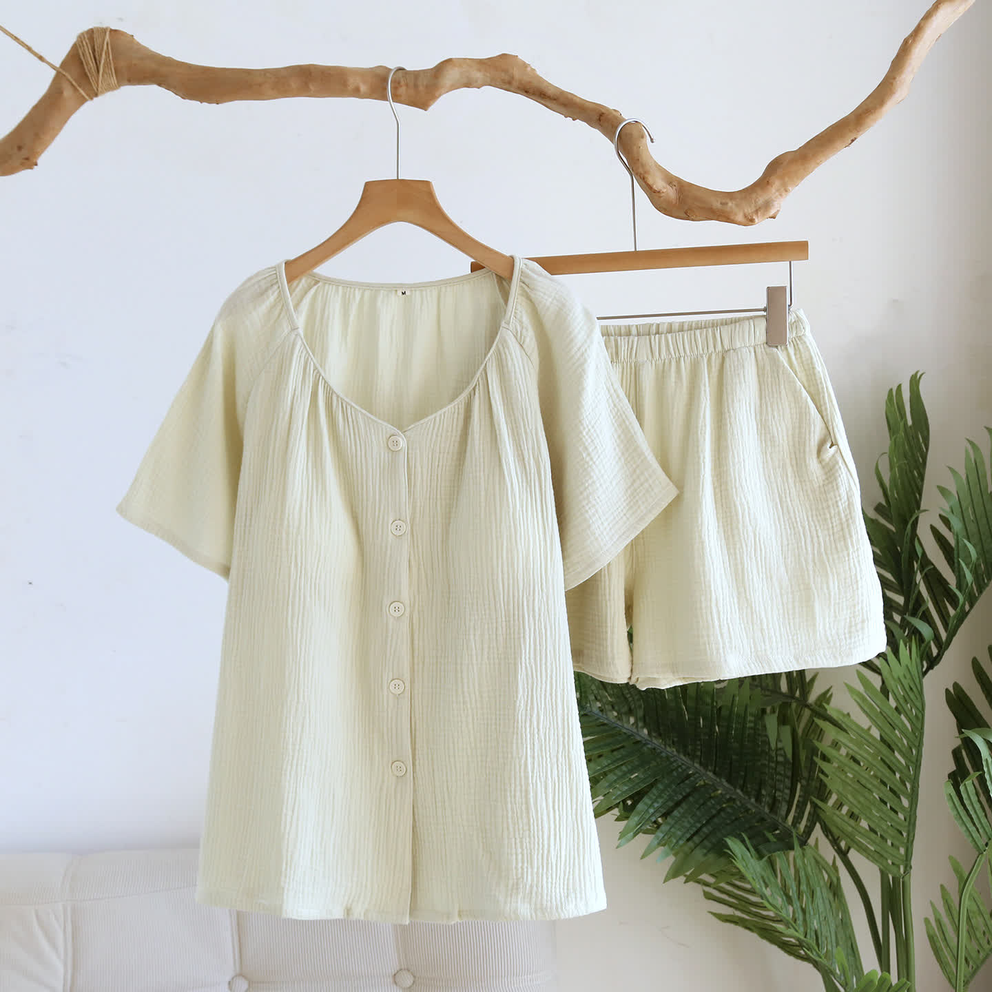 Ownkoti Breezy Cotton Gauze V-Neck Lounge Set - Gray Green - XL - image 14