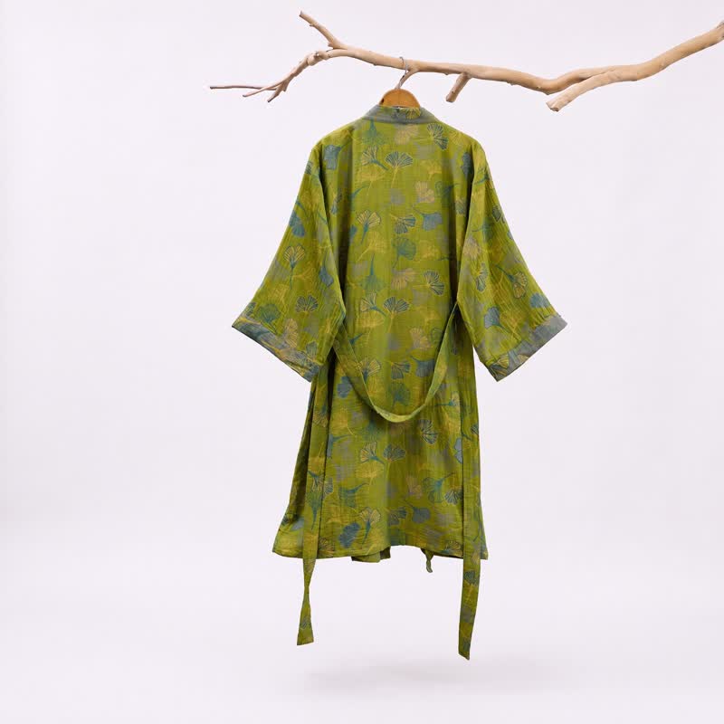 Ownkoti Green Gray Ginkgo Leaf Cotton Kimono Robe - image 1