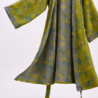 Ownkoti Green Gray Ginkgo Leaf Cotton Kimono Robe - image 4