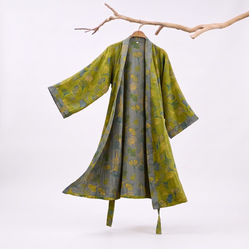 Ownkoti Green Gray Ginkgo Leaf Cotton Kimono Robe - Green - 2XL - image 0