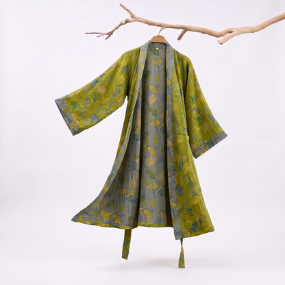 Ownkoti Green Gray Ginkgo Leaf Cotton Kimono Robe - Green - 2XL - image 0