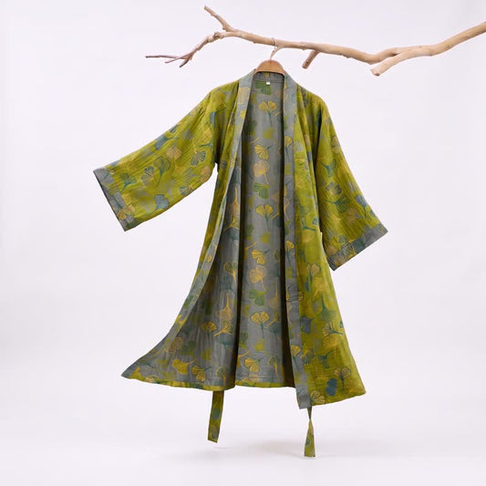Ownkoti Green Gray Ginkgo Leaf Cotton Kimono Robe - Green - 2XL - image 0