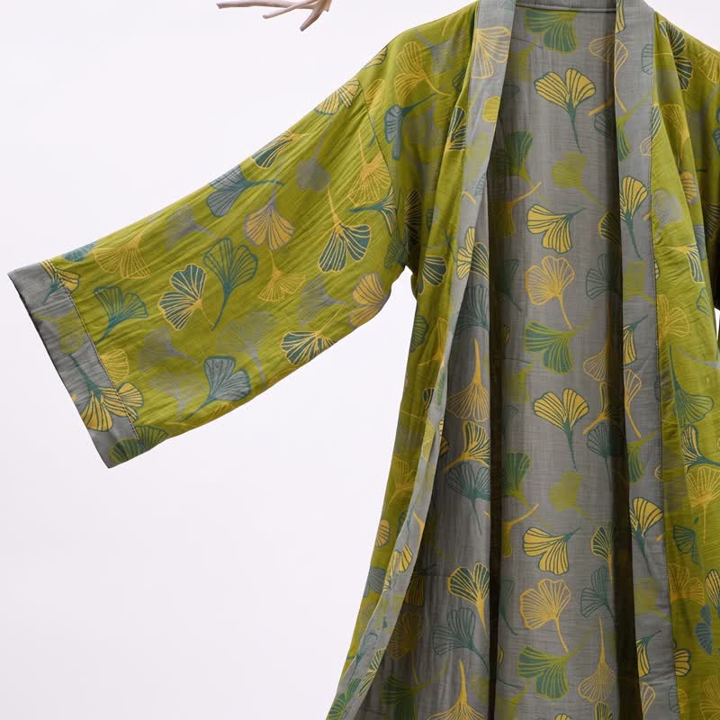 Ownkoti Green Gray Ginkgo Leaf Cotton Kimono Robe - image 3