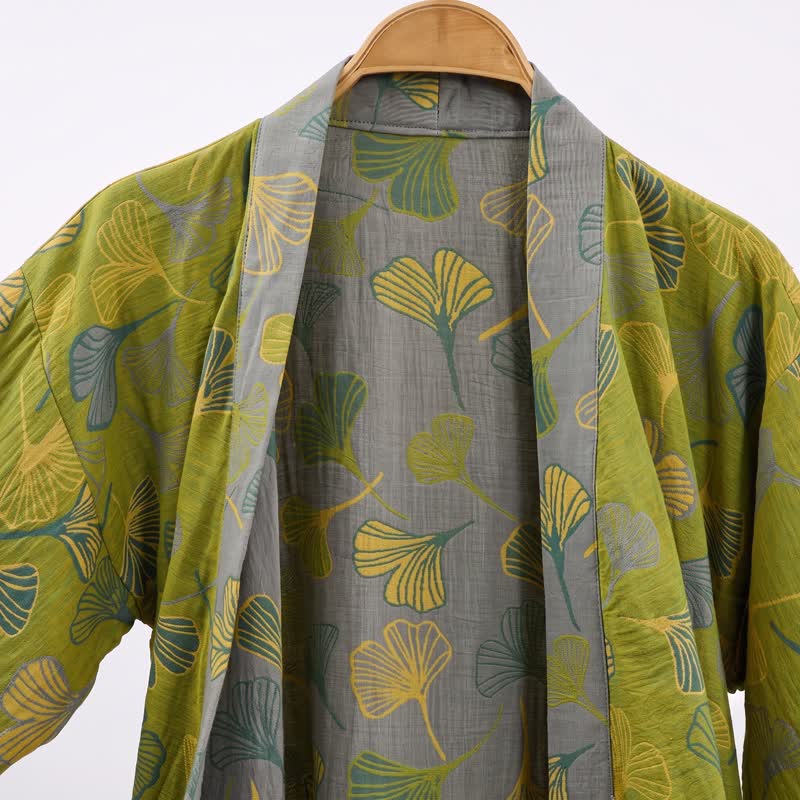 Ownkoti Green Gray Ginkgo Leaf Cotton Kimono Robe - image 2