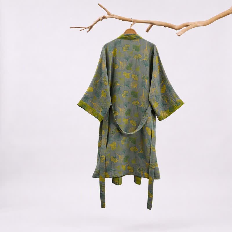 Ownkoti Green Gray Ginkgo Leaf Cotton Kimono Robe - image 8