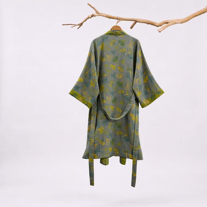 Ownkoti Green Gray Ginkgo Leaf Cotton Kimono Robe - image 8