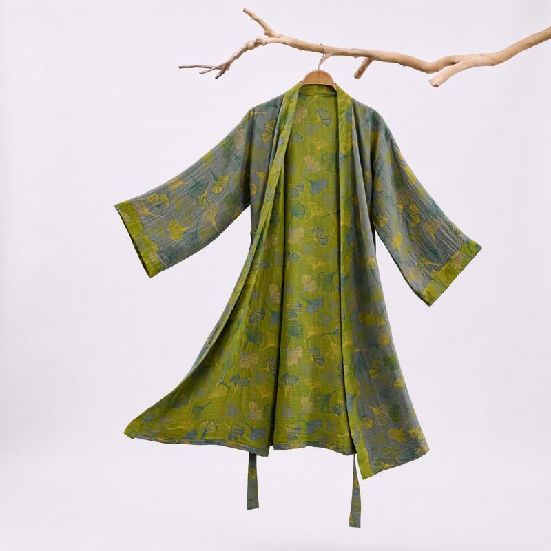 Ownkoti Green Gray Ginkgo Leaf Cotton Kimono Robe - Grey - 2XL - image 7