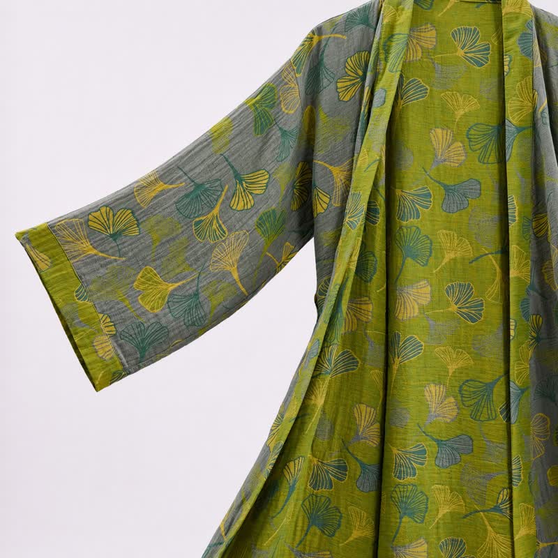 Ownkoti Green Gray Ginkgo Leaf Cotton Kimono Robe - image 10